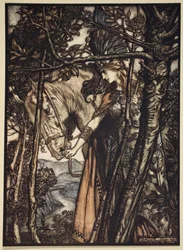 Brunnhilde johdattaa hevosensa hitaasti ja äänettömästi polkua luolaan, kuvitus teoksesta "The Rhinegold and the Valkyrie", 1910